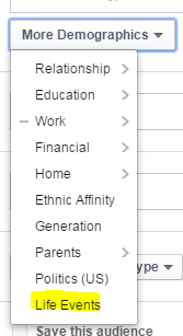 Facebook audience screenshot of demographics you can target including life events
