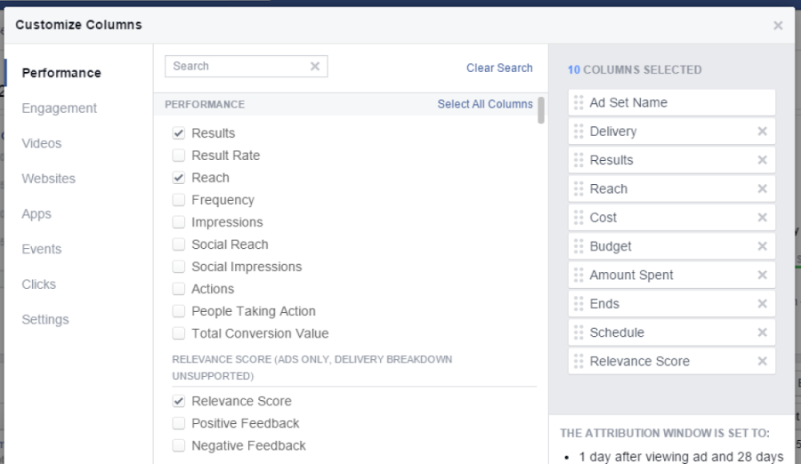 Facebook features relevance score settings