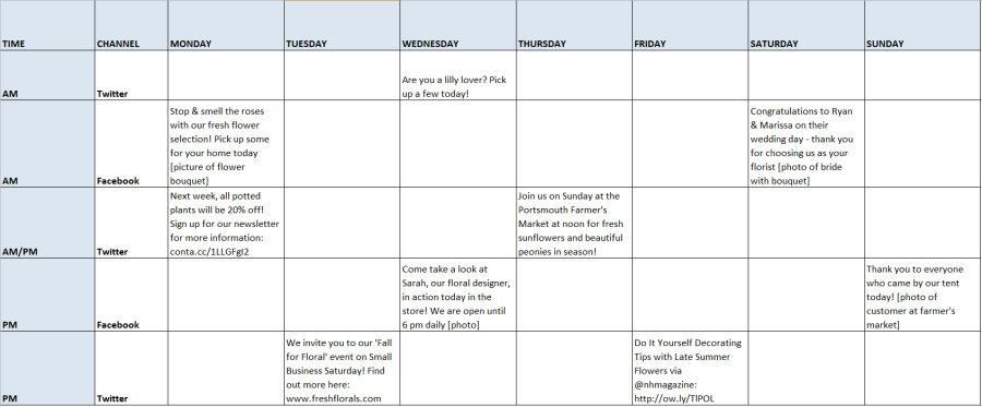 sample social media schedule