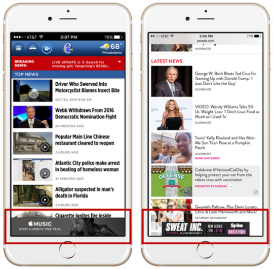 Two Side-by-Side Cell Phones showing mobile display banner advertsing
