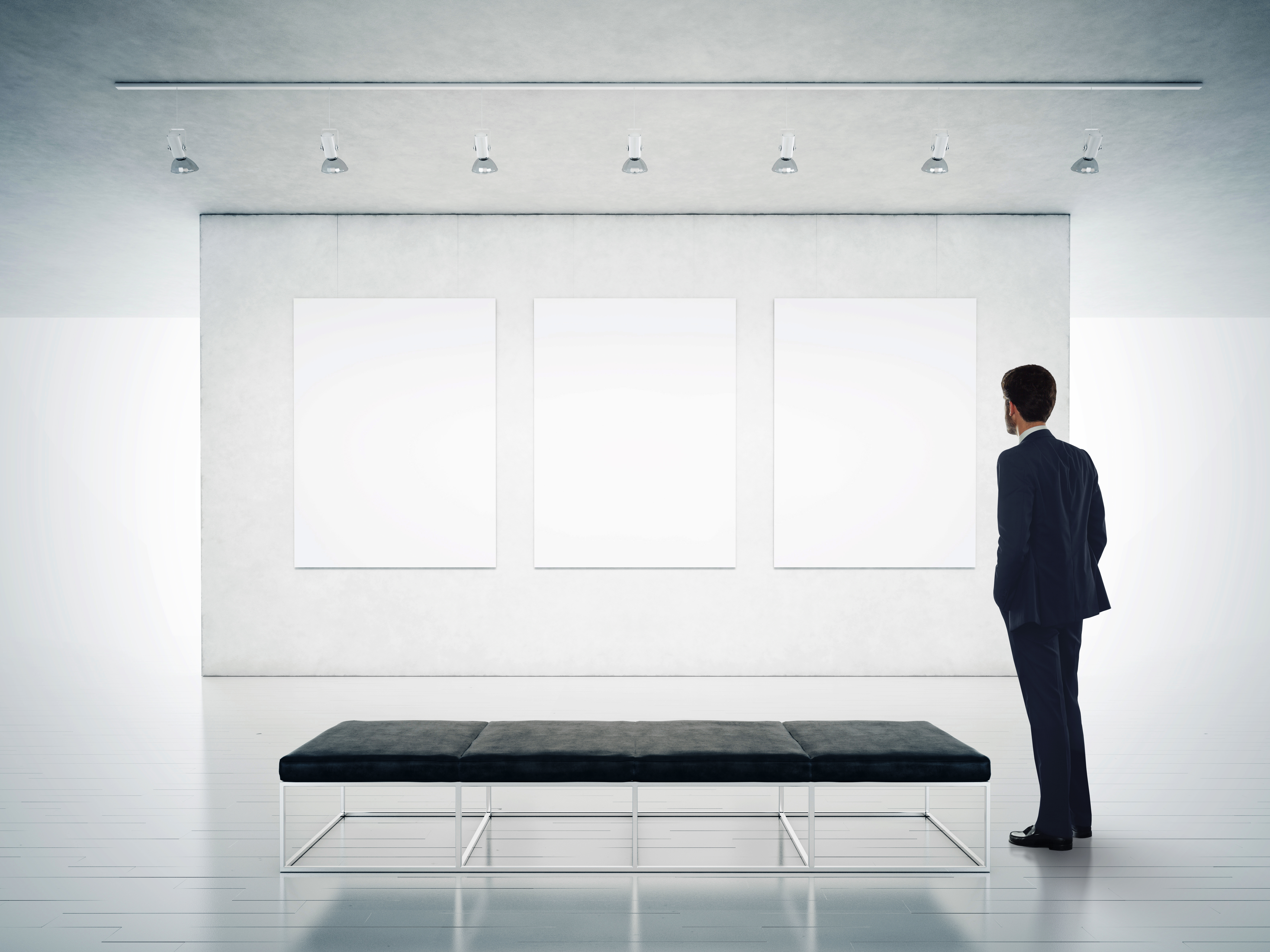 gallery room and man looking at empty frames