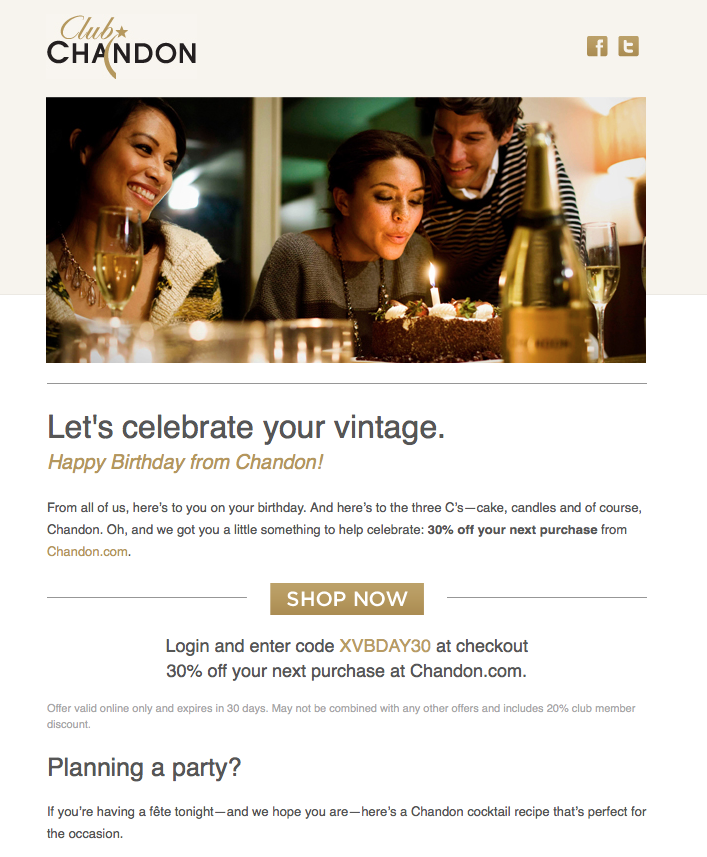 birthday email example from Chandon