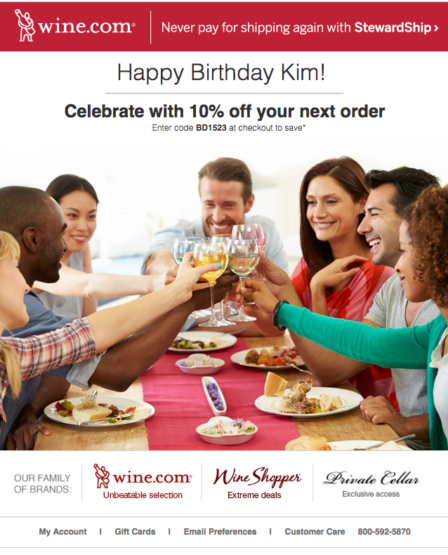 birthday email example from wine.com