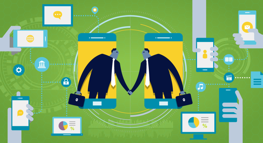 Businessmen shaking hands from two cell phones