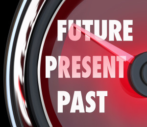 Future, Present and Past words on a red speedometer to predict what