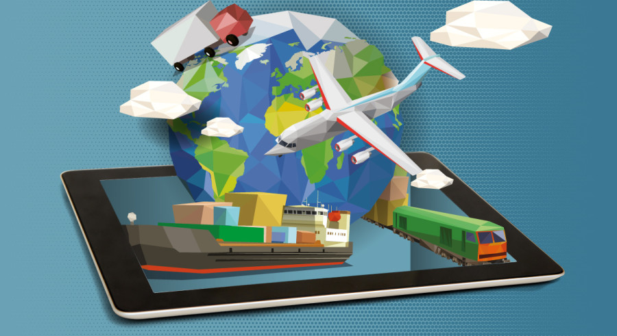 Tablet with airplane, ship, truck, boat, train, and globe