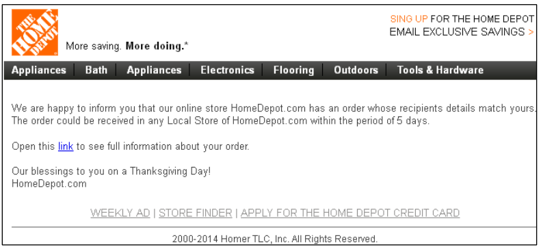 Holiday Scams Home Depot Email Confirmation Scam