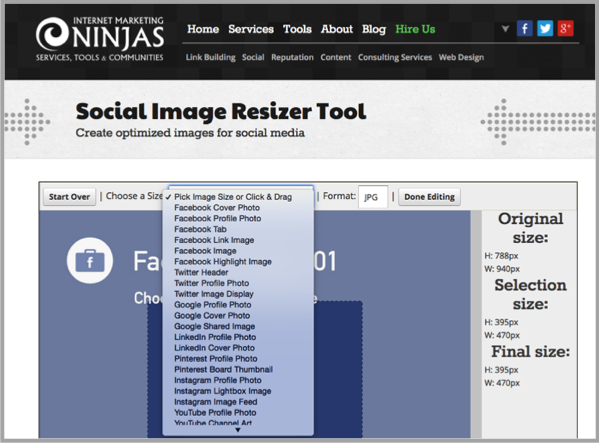 Social image resizer blogging tools for custom content