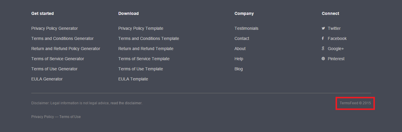 Example Copyright notice from TermsFeed