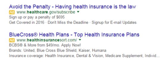 Health Insurance PPC Ad Copy example