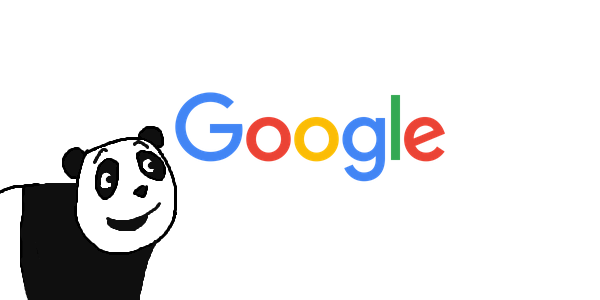 A panda looking and smiling at the Google logo.