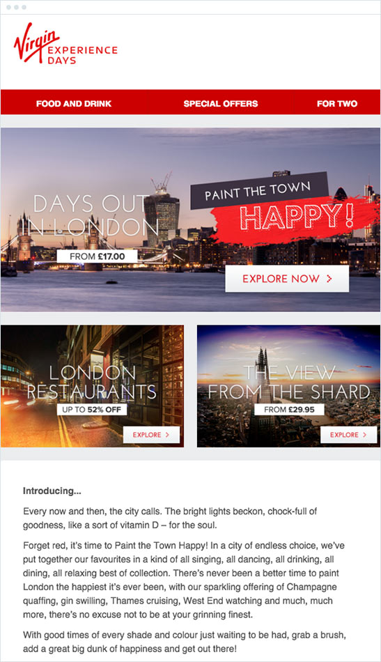 Virgin Experience Days email example