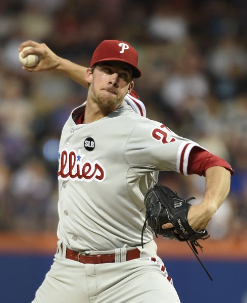 Philadelphia Phillies starting pitcher Aaron Nola throws a pitch against the New York Mets.