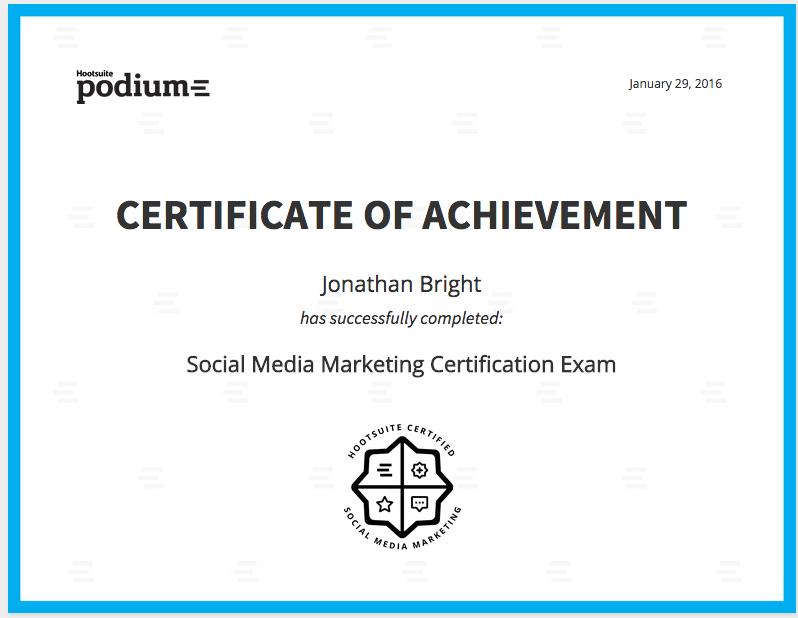 Jonathan Bright, Southerly Creative Content Lead,HotSuite Podium Certificate for Social Media Marketing