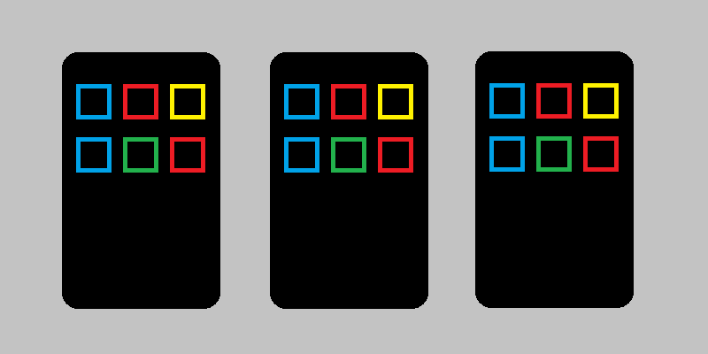 Three mobile phones lie in a row. Six apps, presented as multi-colored boxes, are arranged in two rows of three.