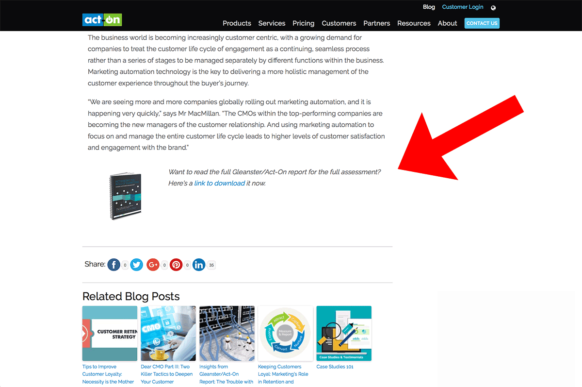 Act-On closes every blog post with a gated content upgrade. Also notice the row of social sharing buttons, and then the row of suggested related posts – with header images.