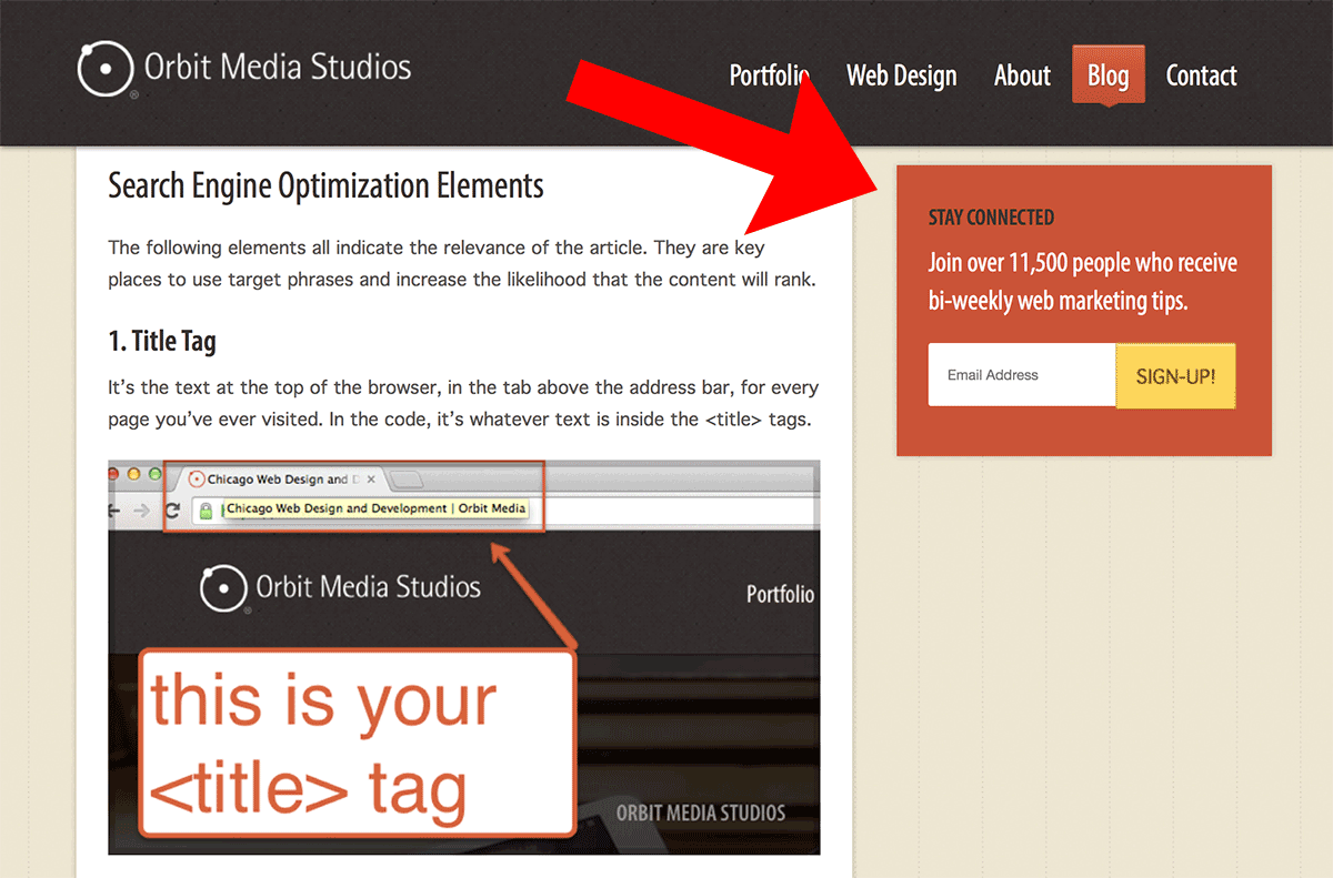 Orbit Media’s email sign-up box stands out with a contrasting color.