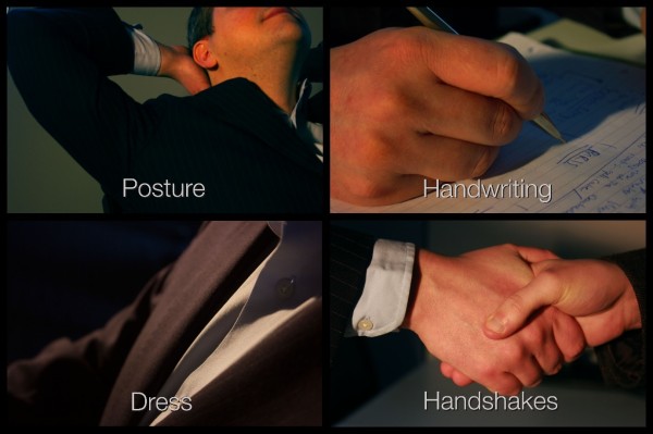 Posture handwriting dress handshakes