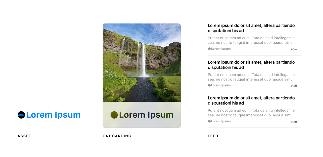 Two images. The left image displays the words Lorem Ipsum, next to a black circle with the letters A, B, and C inside the circle in blue. In an example to its right, you see just a gray circle next to Lorem Ipsum below the channel image that would display in the News app, indicating that color fill characters don’t render properly. The image of a news feed appears to the right. Similarly, the circle to the left of Lorem Ipsum shows no internal text