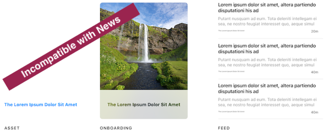 Two images. The left image displays the words Lorem Ipsum Dolor Sit Amet. In an example to its right, it shows the same words in small text below the channel image that would display in the News app. The image of a news feed appears to the right. The logo text is too small to read.