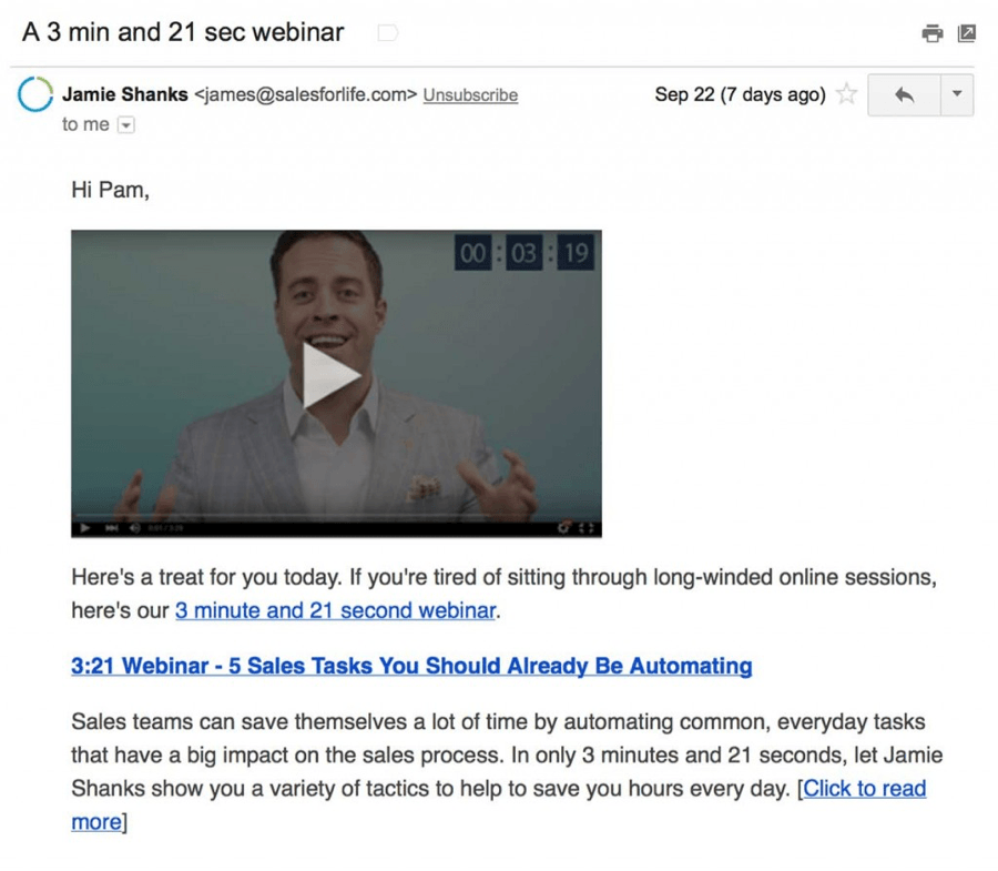 Worried about embedding a video in your emails? Then don’t. Just make an image that looks like a video and link it to a landing page where the real video plays automatically.