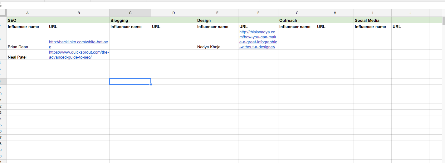 influencer research spreadsheet