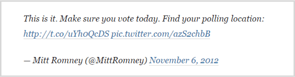 As Daniel Kreiss notes in his study of Twitter use in the 2012 campaign, “Seizing the Moment,” by the end of Mitt Romney’s campaign, 22 people had to approve each tweet, Facebook post, blog post, or photo posted by Romney's digital team. In contrast, Barack Obama’s team was able to be more agile and so more effective. (Click the Romney tweet to read the study.)