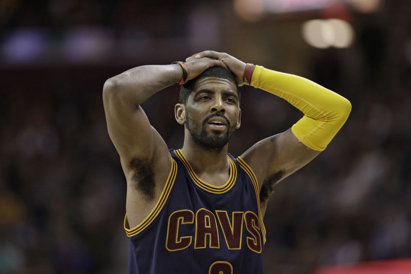 Cleveland Cavaliers point guard Kyrie Irving reacts to a foul call.