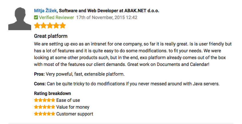 exo Platform user review screenshot