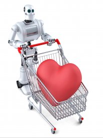 Robot Pushing a Shopping Cart with a Heart Inside the Basket