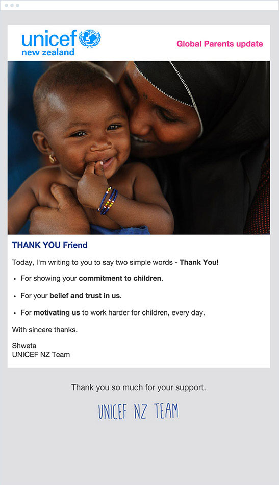 UNICEF thank you email