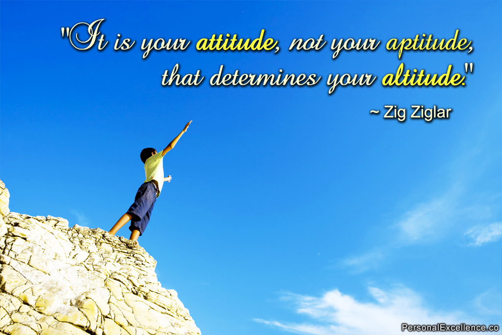 A boy standing on a cliff reaching out to blue sky and the Zig Ziglar quote 