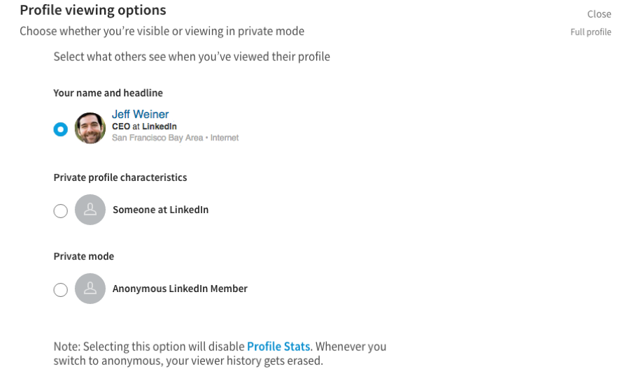 LinkedIn Profile Viewing Options