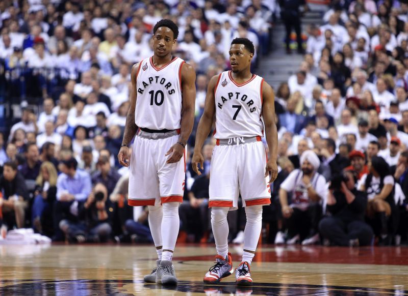 Toronto Raptors guards DeMar DeRozan (left) and Kyle Lowry.