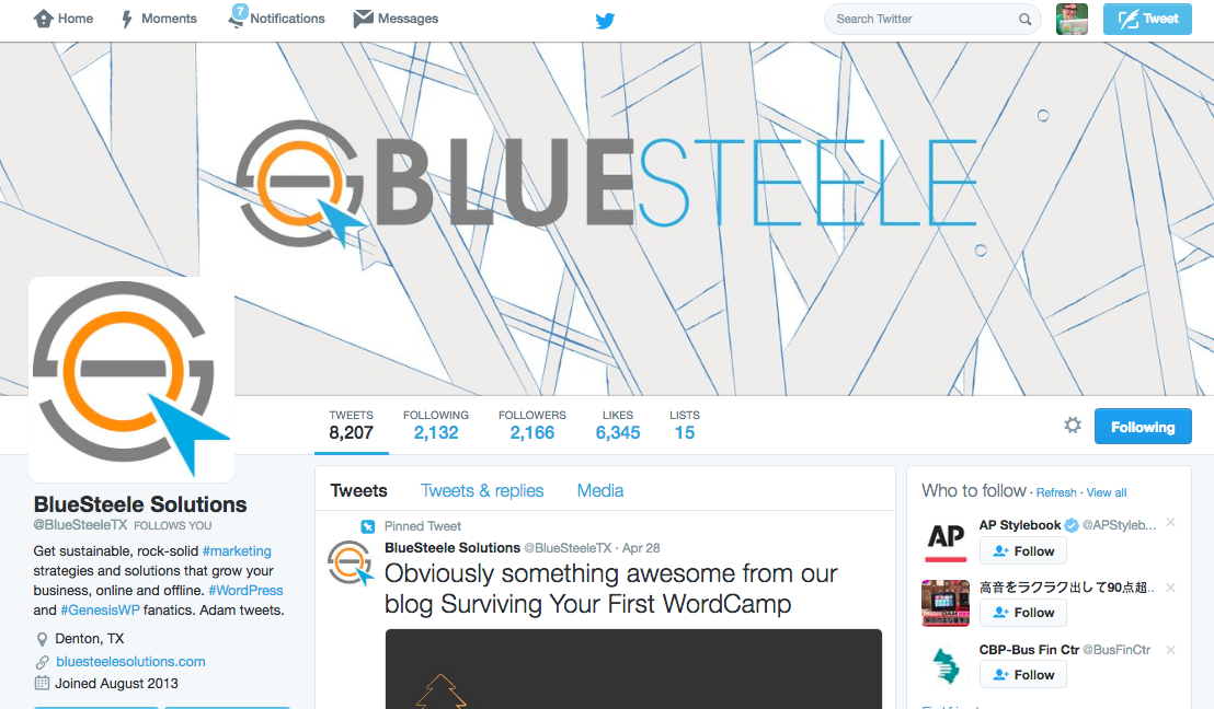 Great business twitter account by Blue Steele Solutions. 