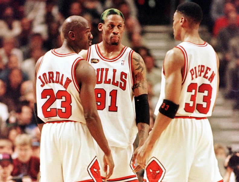 Chicago Bulls teammates Michael Jordan, Dennis Rodman and Scottie Pippen.