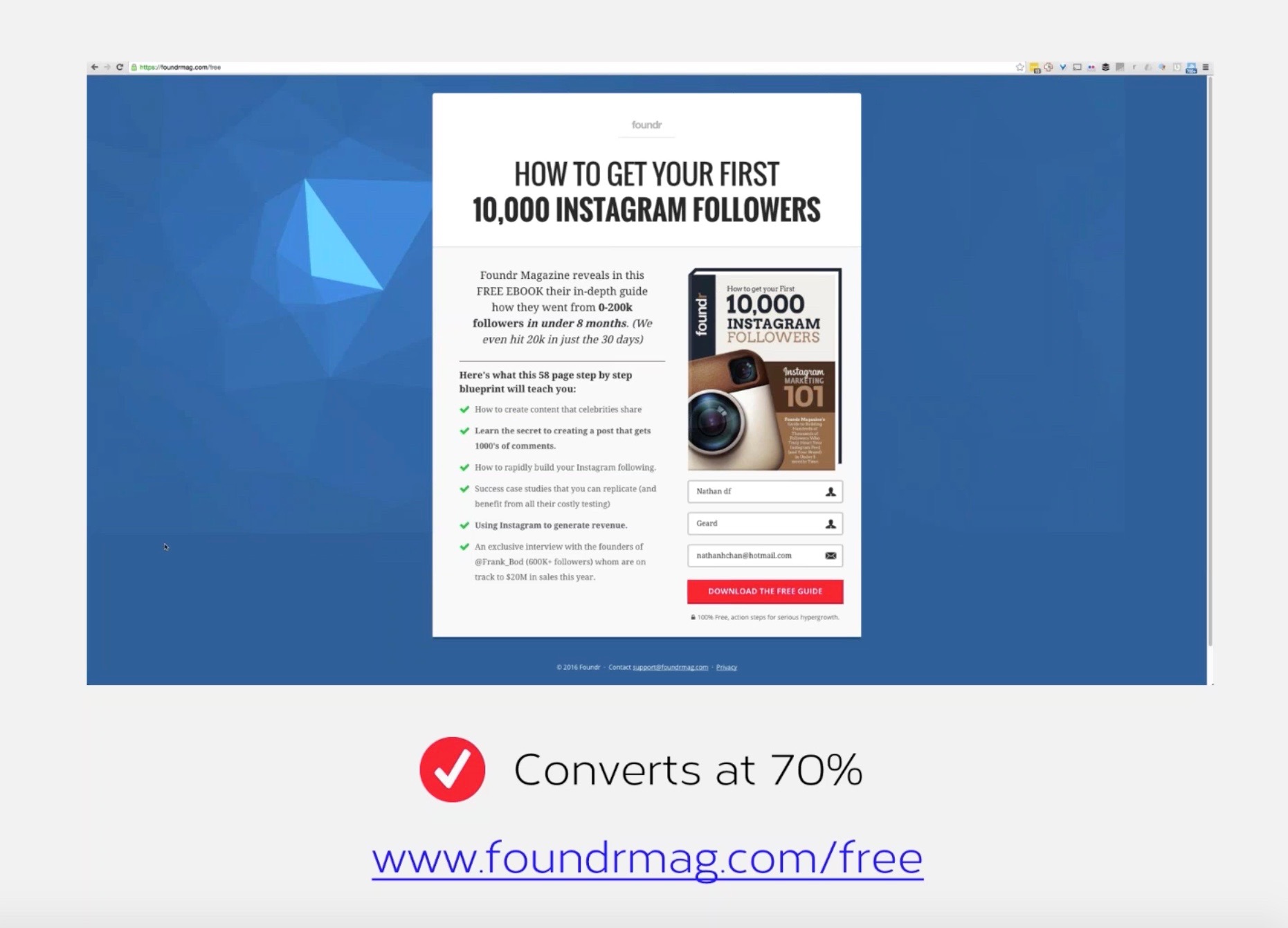 Foundr uses high-performing landing pages to convert Instagram followers