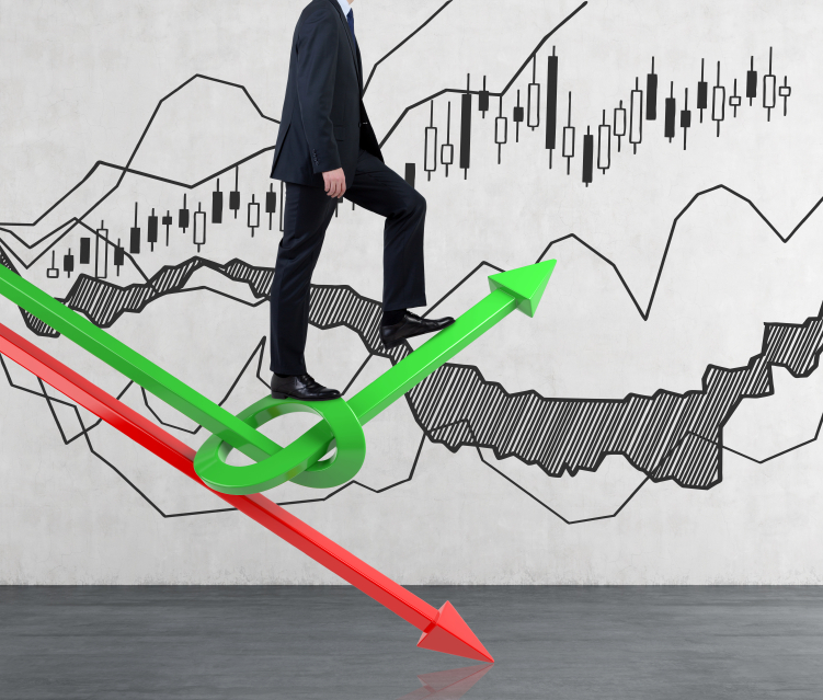businessman walking on color charts, close up