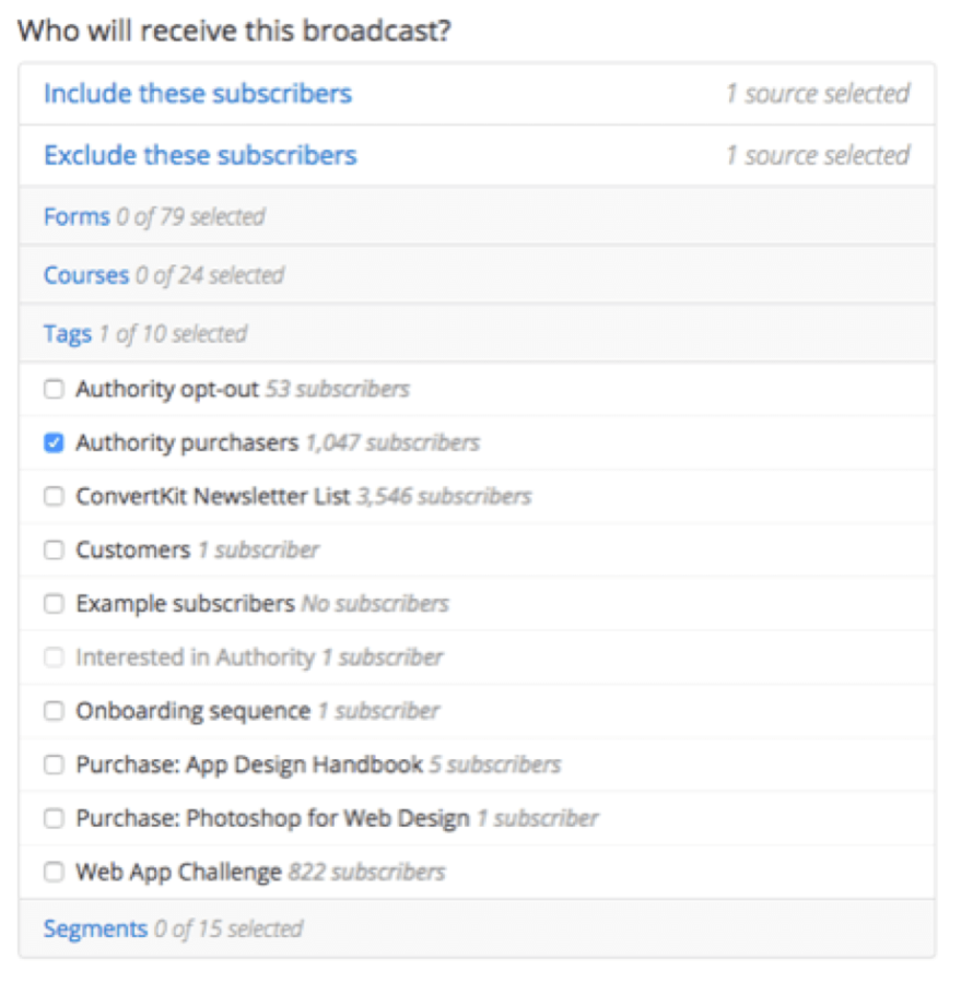 A screenshot of some “tags” in ConvertKit. Notice how there are tags for purchasers, customers, and challenges.