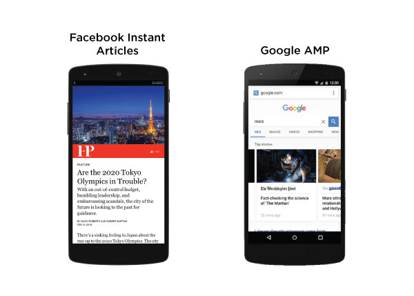 Side by side comparison of the Facebook Instant Articles and Google AMP interface