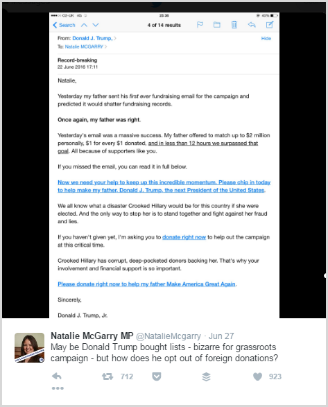 English MP Natalie McGarry posted the email the Trump camp sent her  on her Twitter feed.