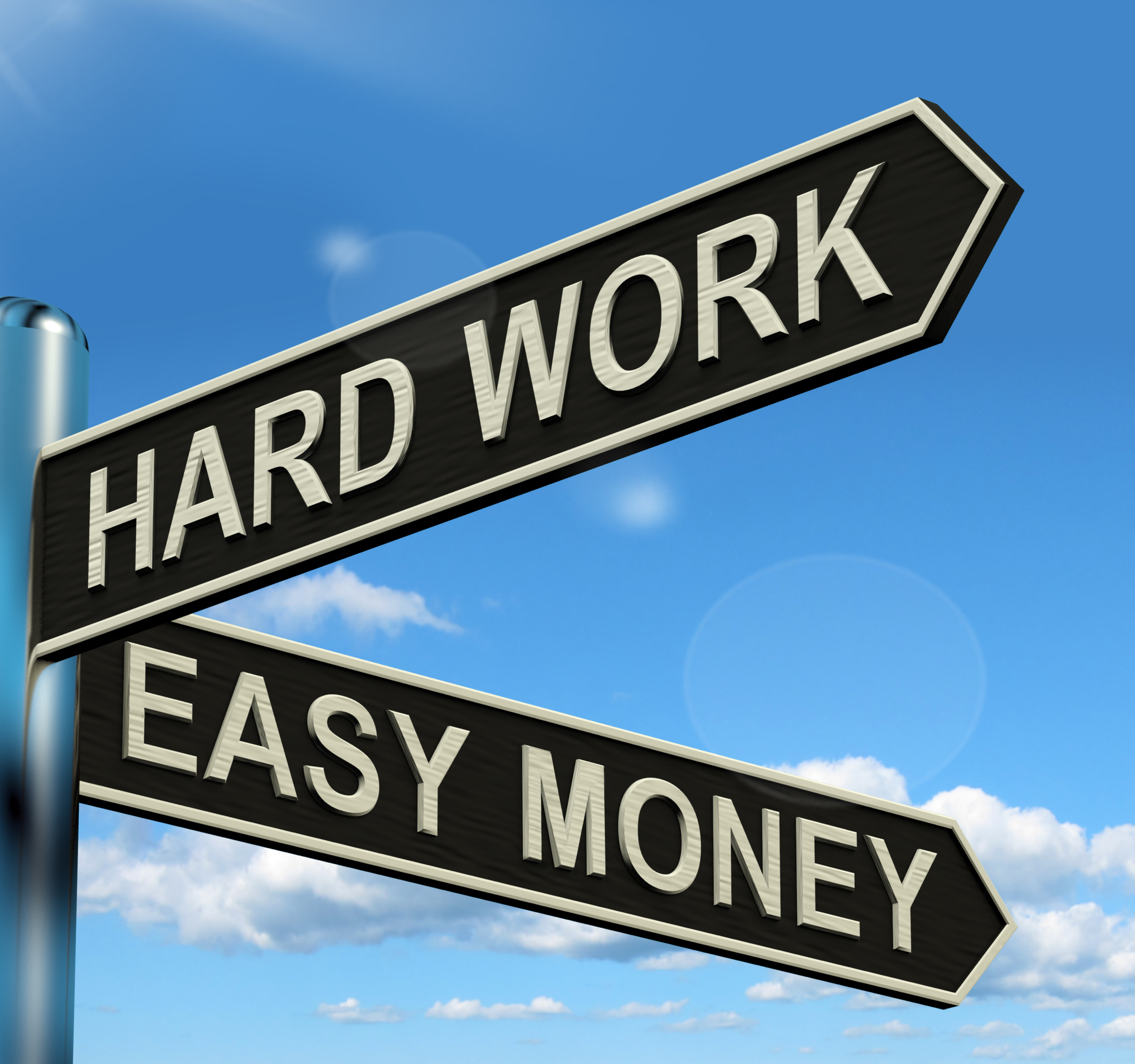 Hard Work Easy Money Signpost Showing Business Profits