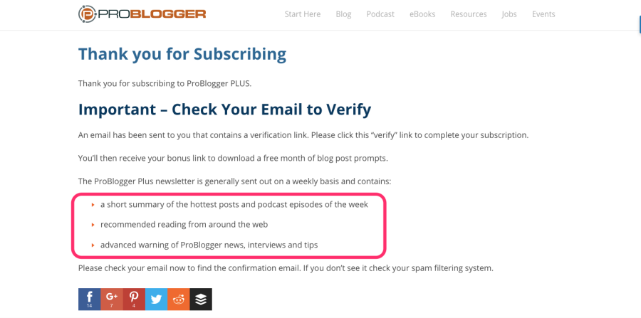 pro blogger thank you page