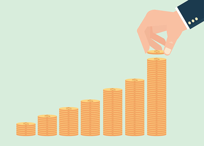 Human hand adding golden coin in the final row of gold coins, Concept for money coin vector illustration.
