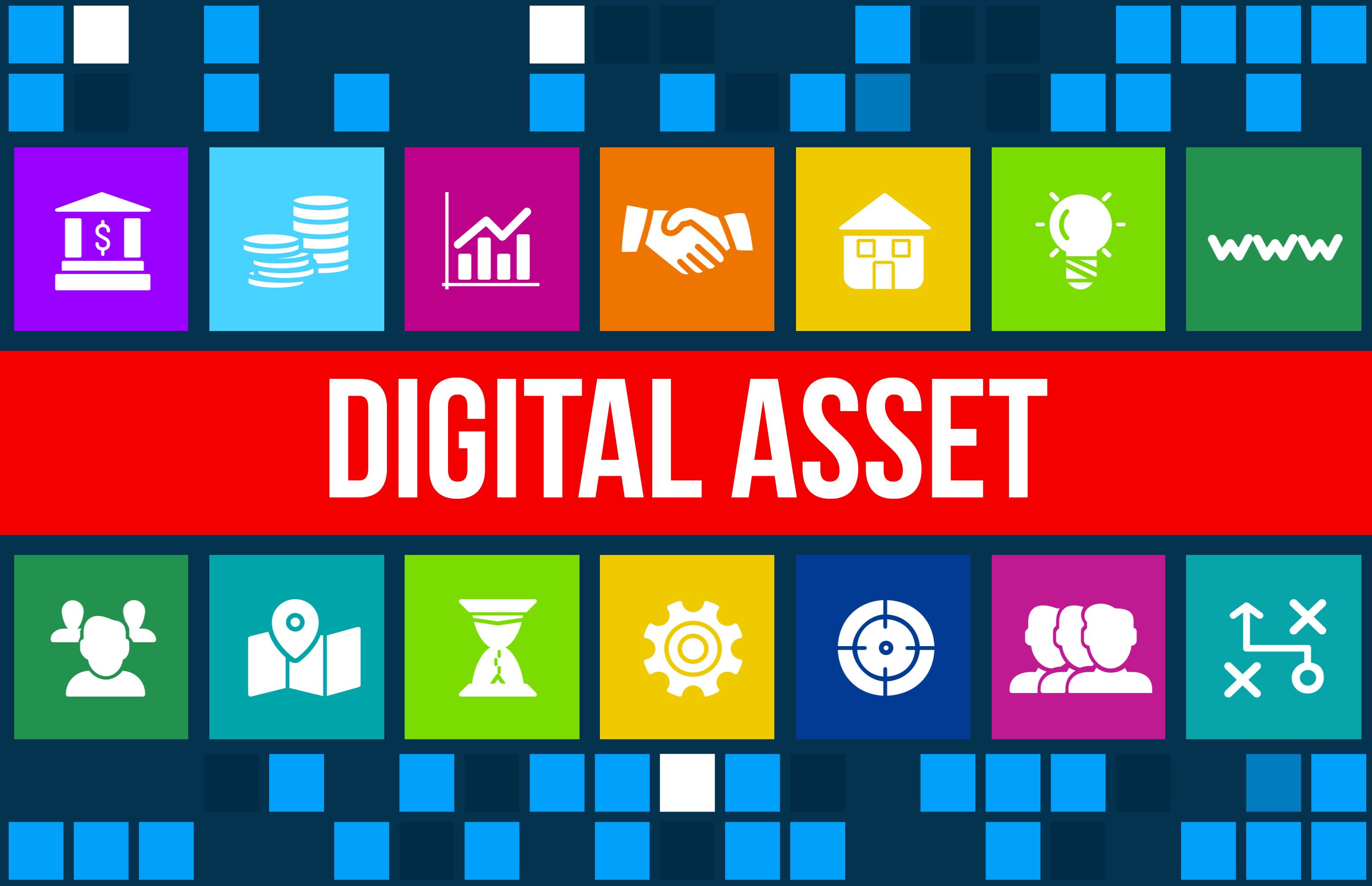 Digital asset concept image with business icons and copyspace.