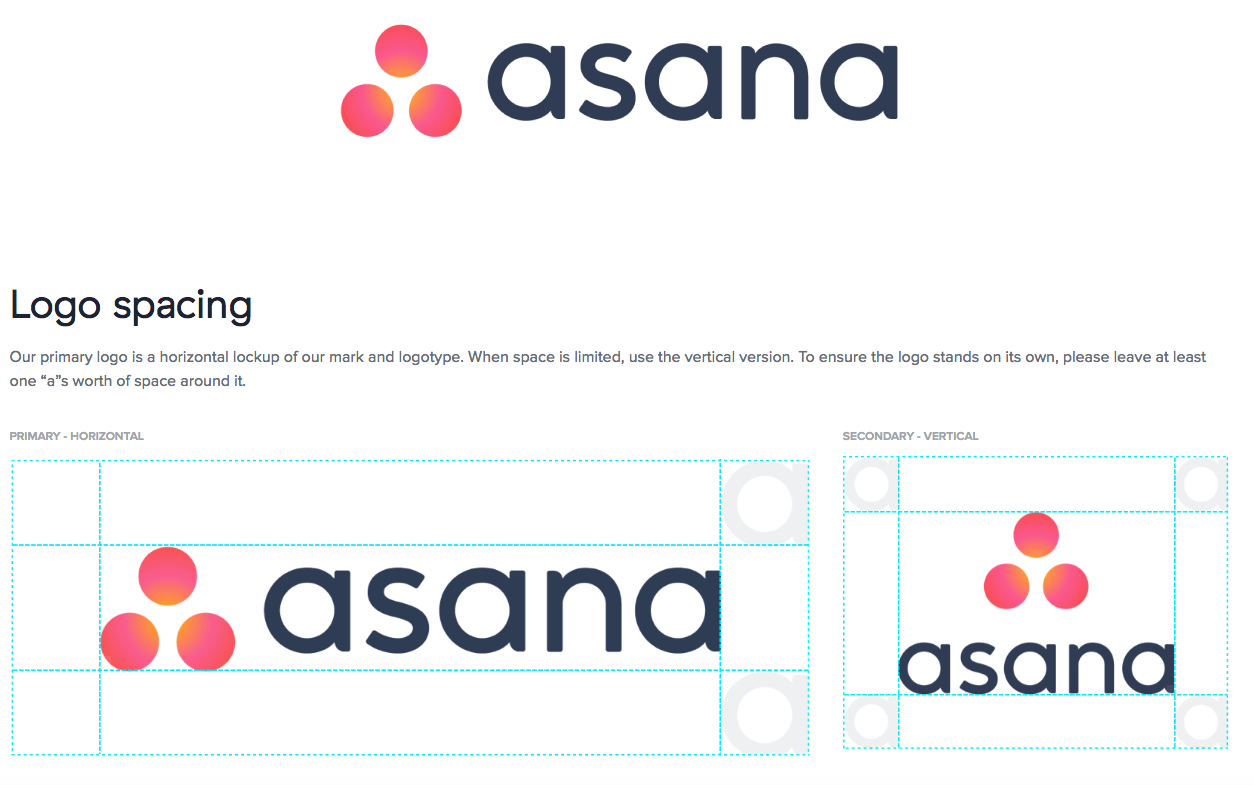 The Asana brand style guide describes the logo and the spacing of the logo
