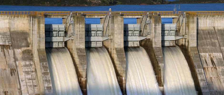Detail of gates open on hydroelectric dam