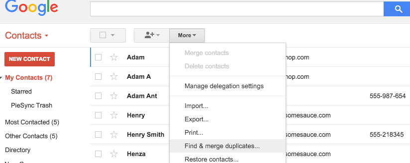 Find & merge duplicates PieSync Google Contacts