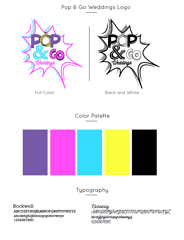 A sort of mini brand style guide — the Pop & Go Weddings branding board.