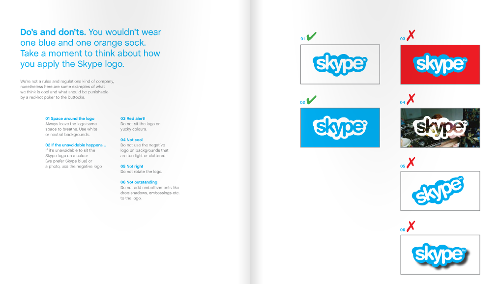 The Skype brand style guide, with multiple versions of its logo and instructions on logo use